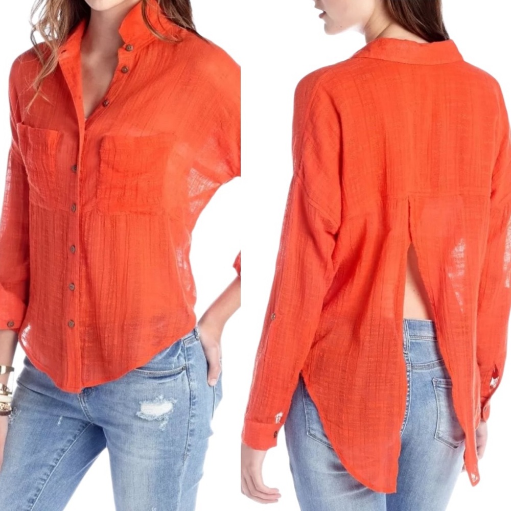 Free People Shibori Siren Button Down Crossover Split Back Shirt in Pimemto - S
